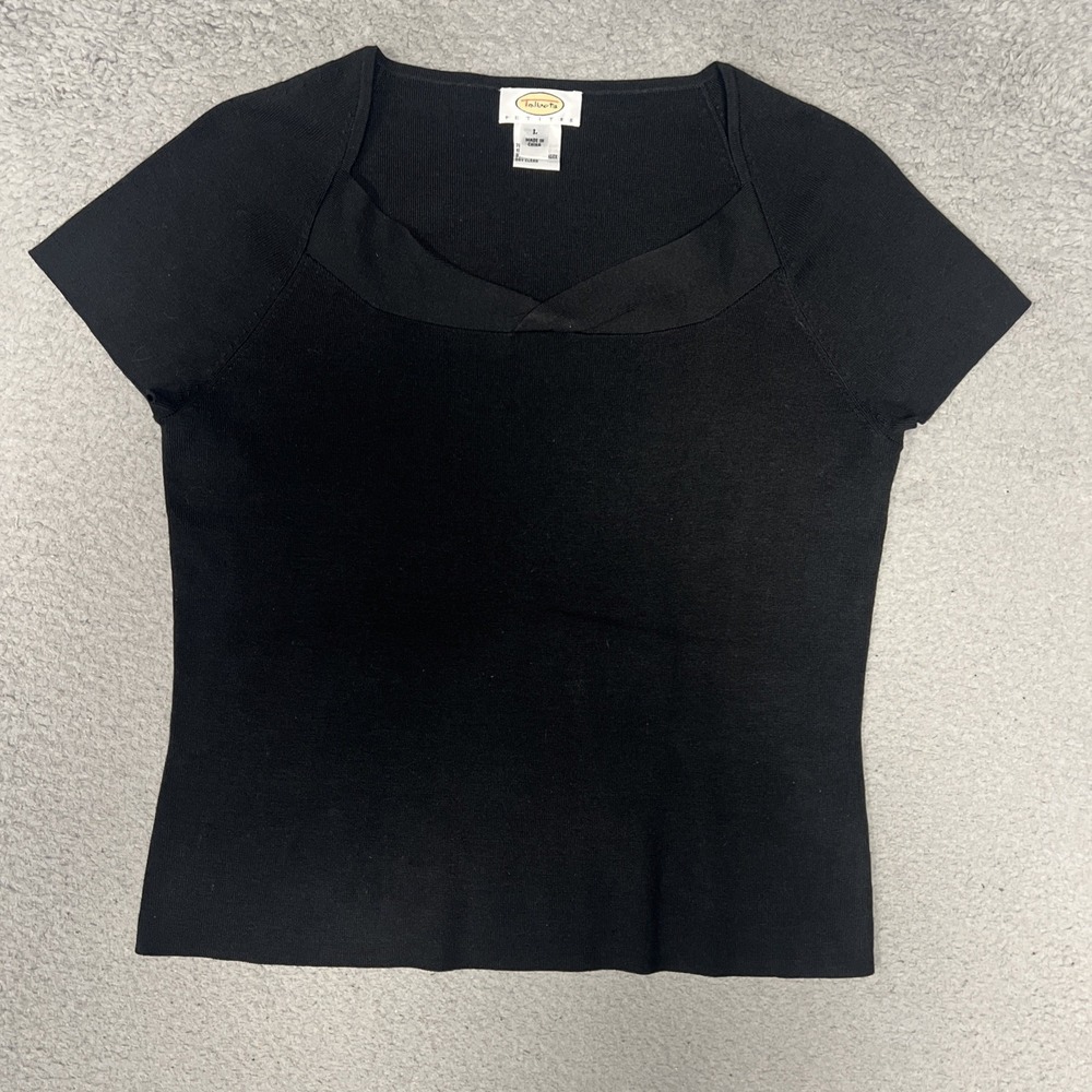 VTG Talbots Petites Shirt Women's Sz L Black Silk Blend Ribbed Knit Blouse Top